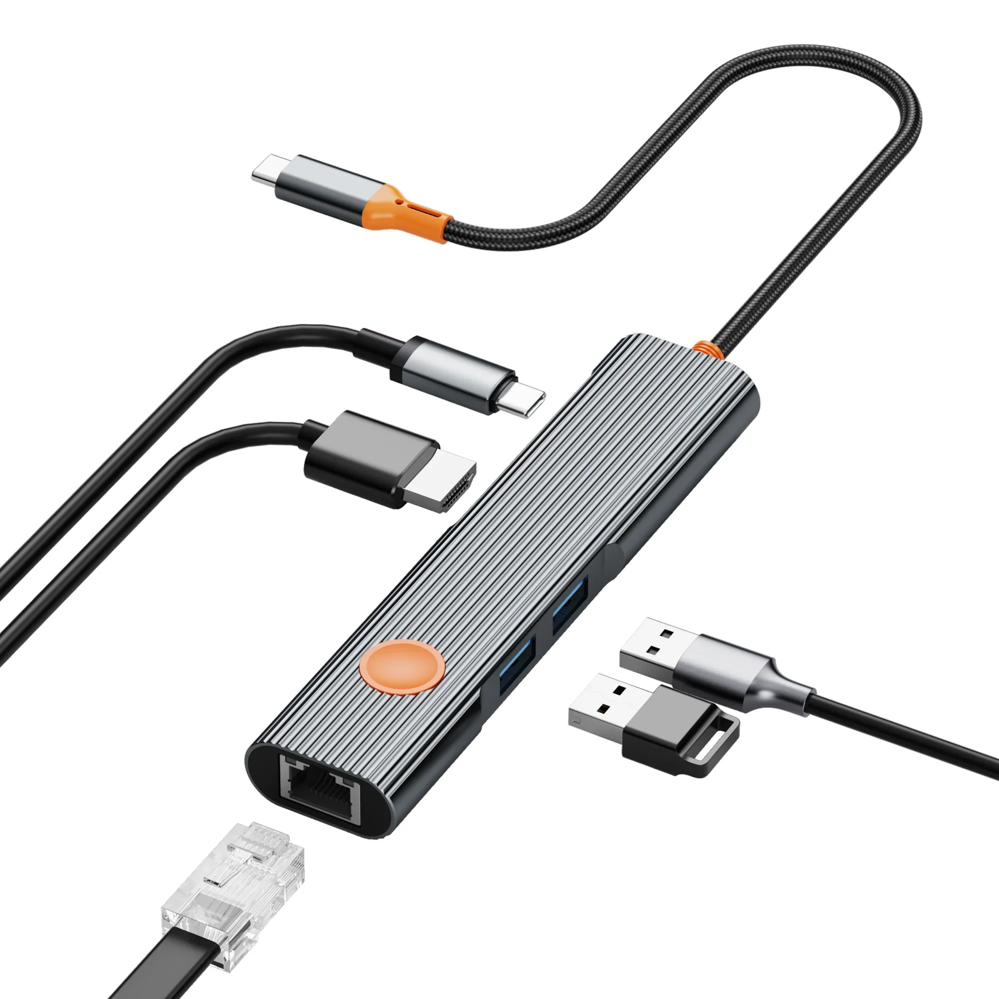 5-in-1 USB-C hub, 4K HDMI, 100W PD fast charging va Gigabit LAN bilan premium adapter.