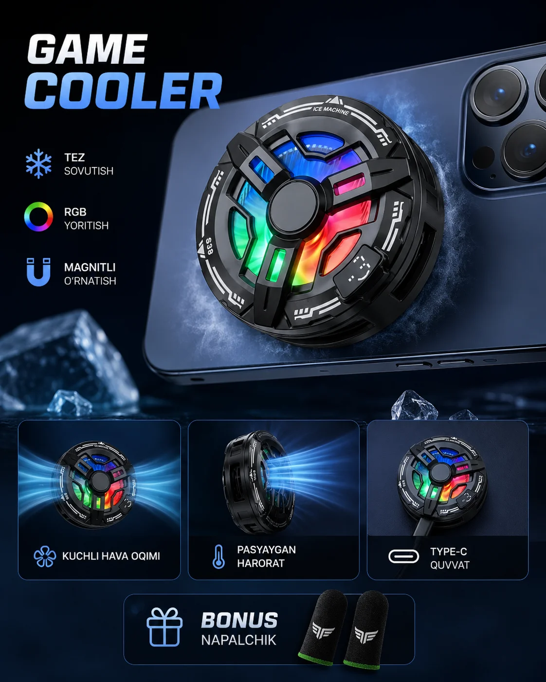 Telefon uchun RGB va harorat ekranli magnitli kuller — S38 modeli — Gaming aksesuar