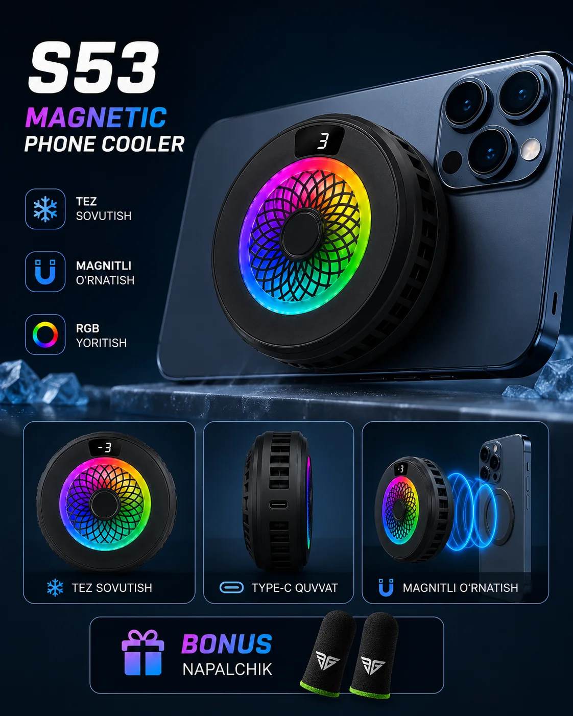 Telefon uchun magnitli kuller RGB va harorat ekranli — S53 modeli — Gaming aksesuar