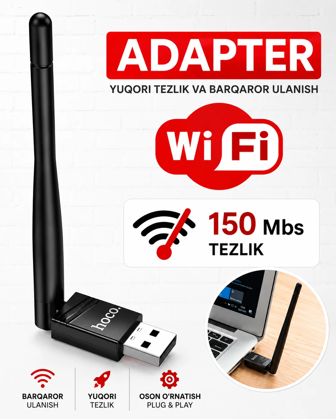 USB Wi-Fi Adapter — 2.4GHz, 150Mbps, Kompyuter va Noutbuk uchun — Hoco