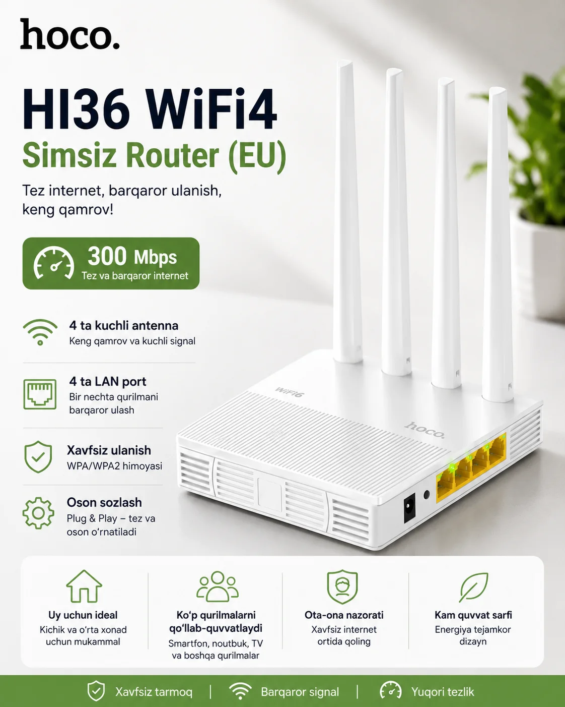 Wi-Fi 5 Router — Dual Band 2.4GHz/5GHz, 1200Mbps, 4 Antennali Simsiz Router — Hoco