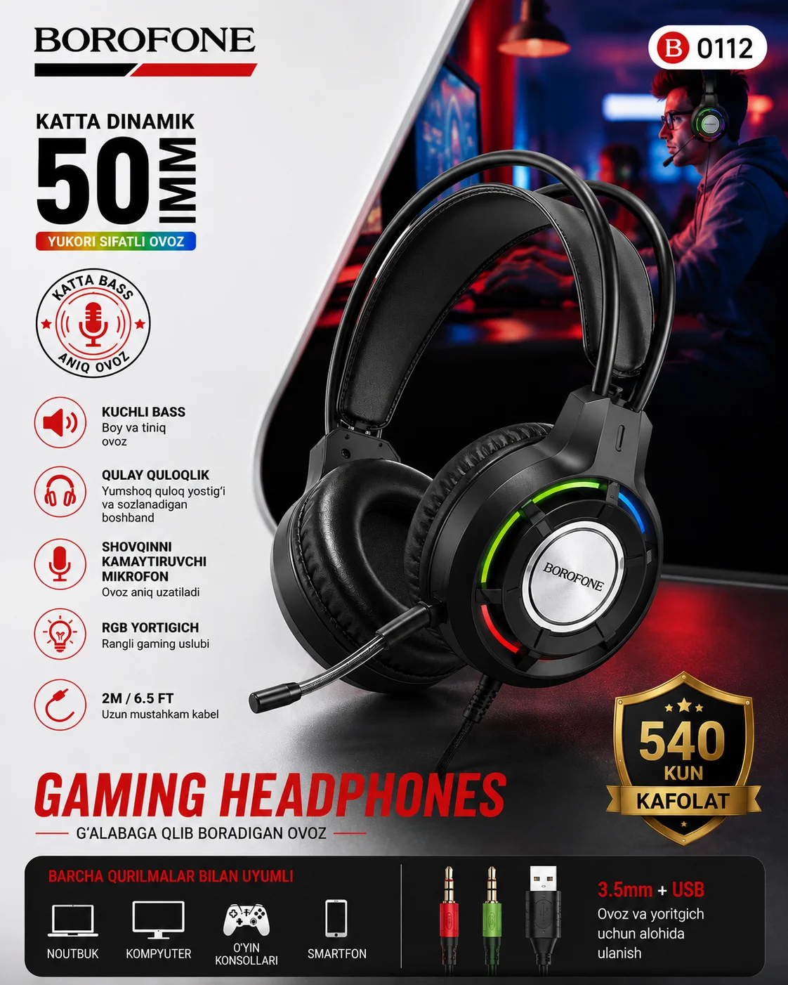 Mikrofonli gaming quloqchin, RGB yoritgich va 50 mm dinamikli — BOROFONE BO112