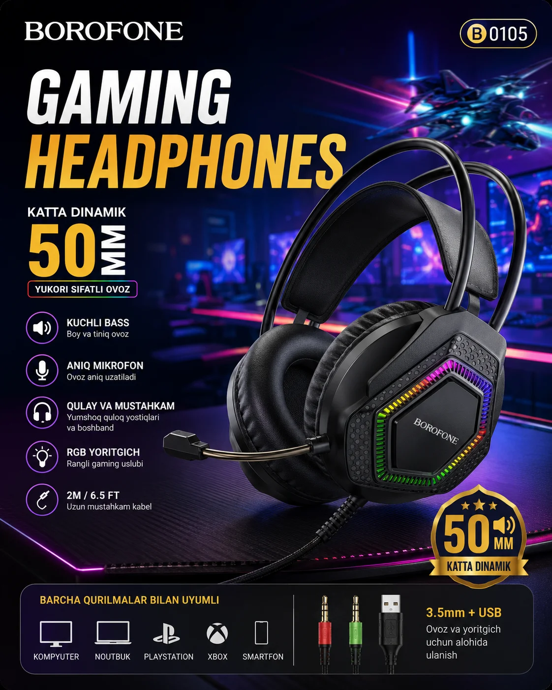 Mikrofonli gaming quloqchin, RGB yoritgich va 50 mm dinamikli — BOROFONE BO105 Thunder