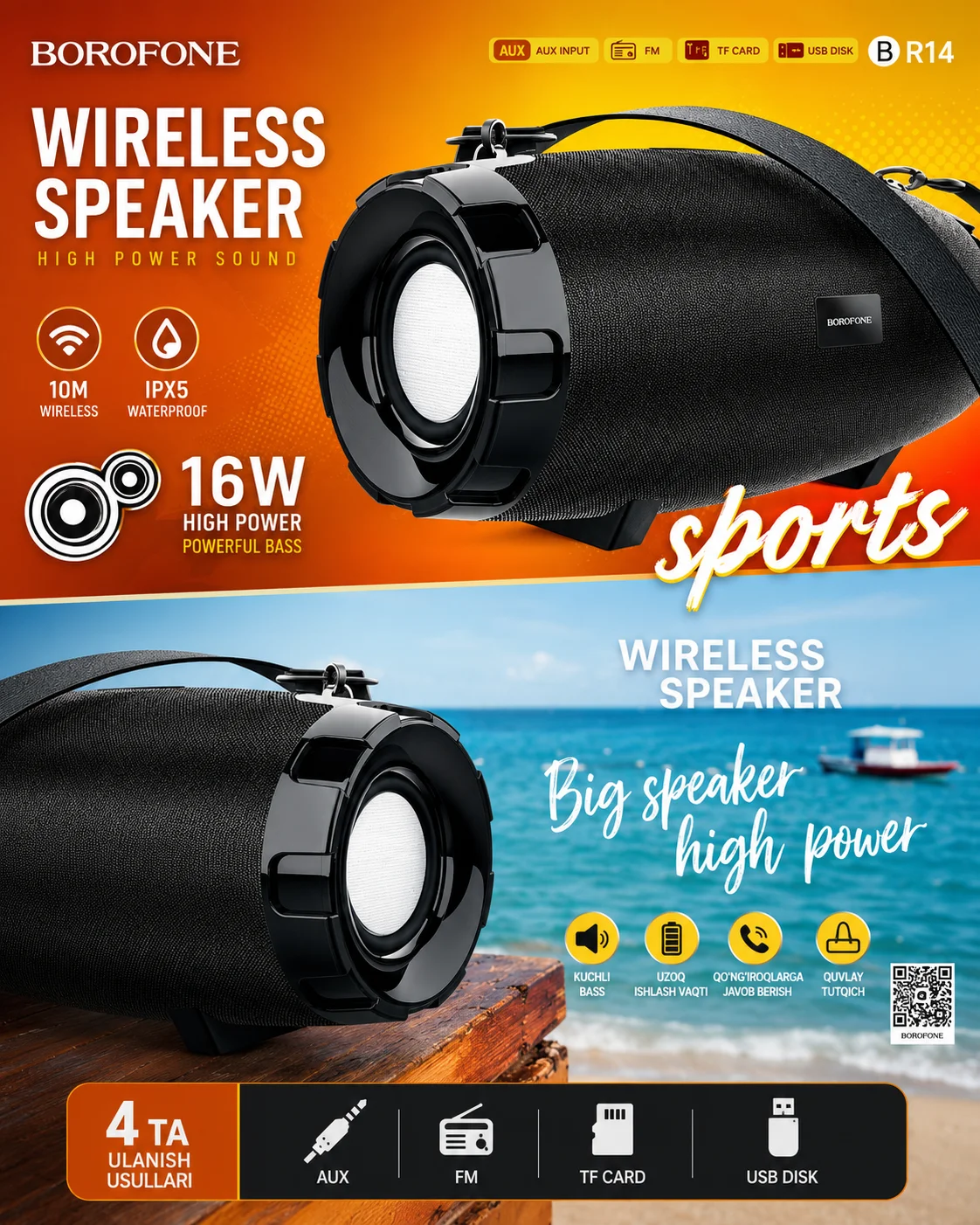 16W kuchli simsiz Bluetooth kolonka, bass va FM radioli — BOROFONE BR14 Coolant