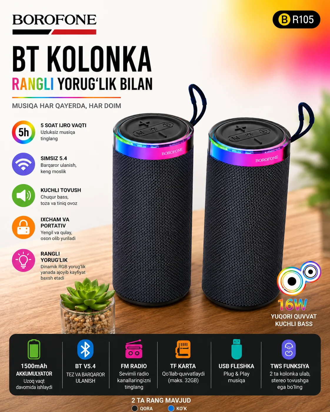 Bluetooth kolonka RGB yoritgichli simsiz — BOROFONE BR105 — Brofone