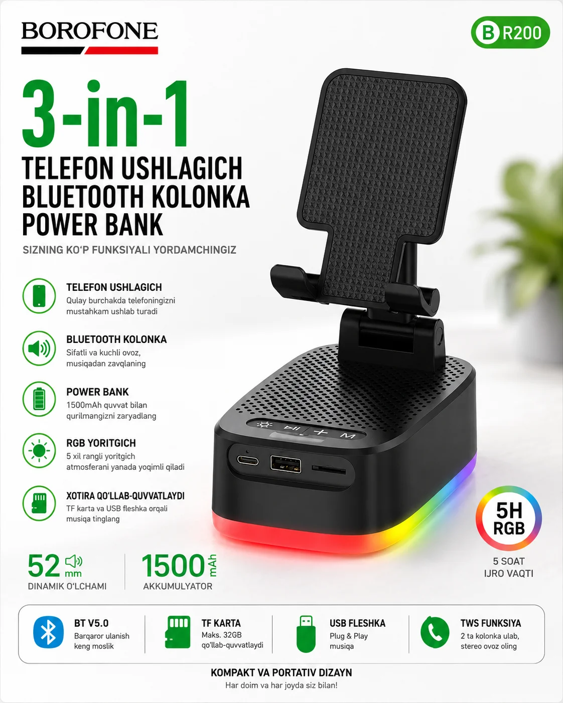 3 tasi 1 da Bluetooth kolonka, telefon ushlagich va powerbank — BOROFONE BR200 Marea — Telefon Holder