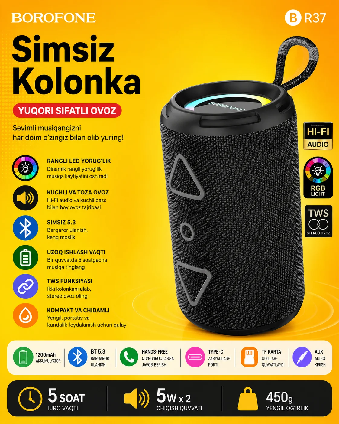 Bluetooth kolonka 10W RGB yoritgichli portativ — BOROFONE BR21