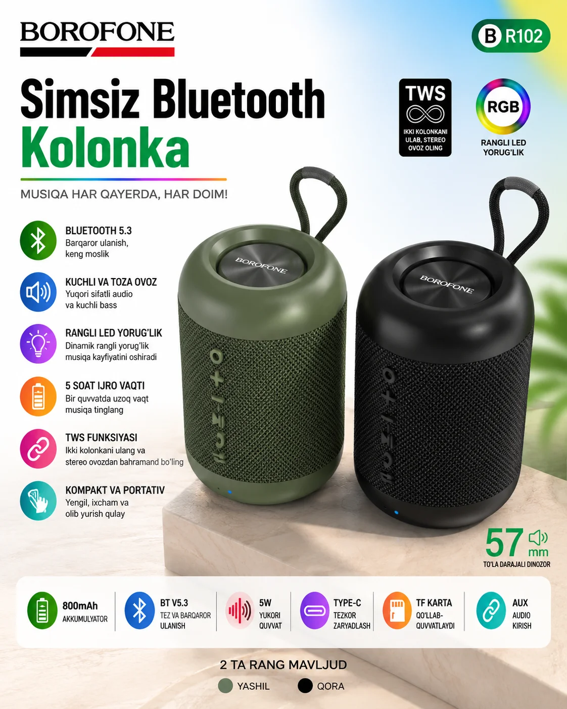 Bluetooth kolonka, TWS va Bluetooth 5.4 — BOROFONE BR102 Gratificado