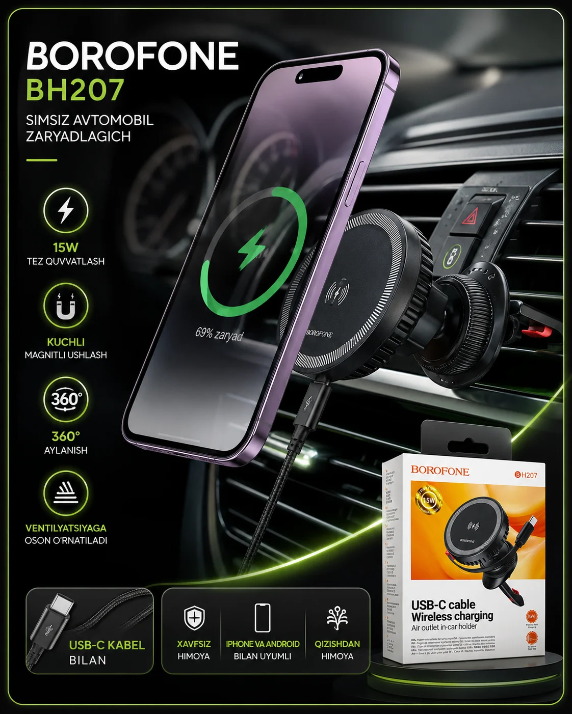 15W magnitli avtomobil telefon ushlagichi, simsiz zaryadlovchi — BOROFONE BH207 — Telefon Holder