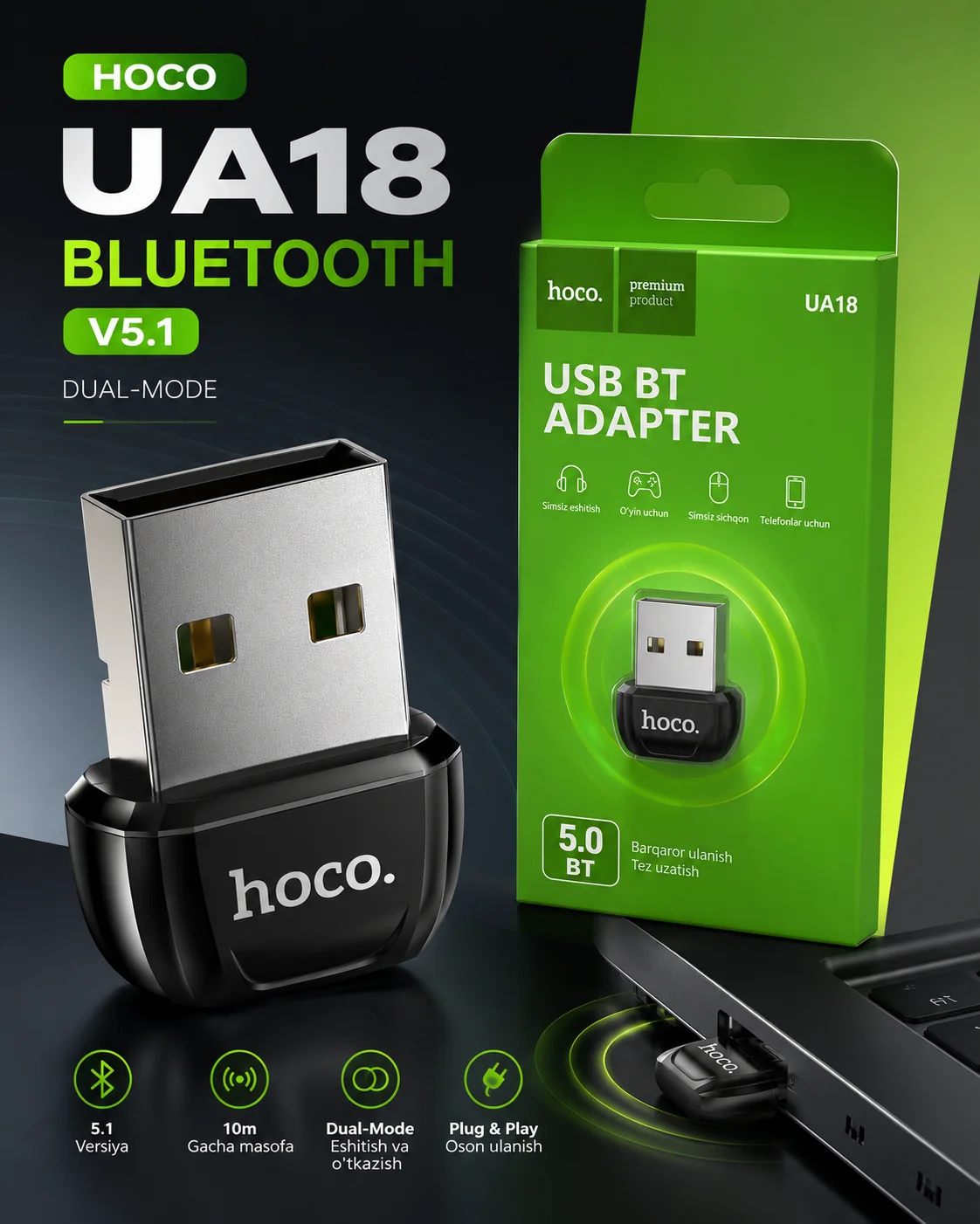 Bluetooth adapter HOCO UA18 USB 5.0 — kompyuter va noutbuk uchun — Hoco