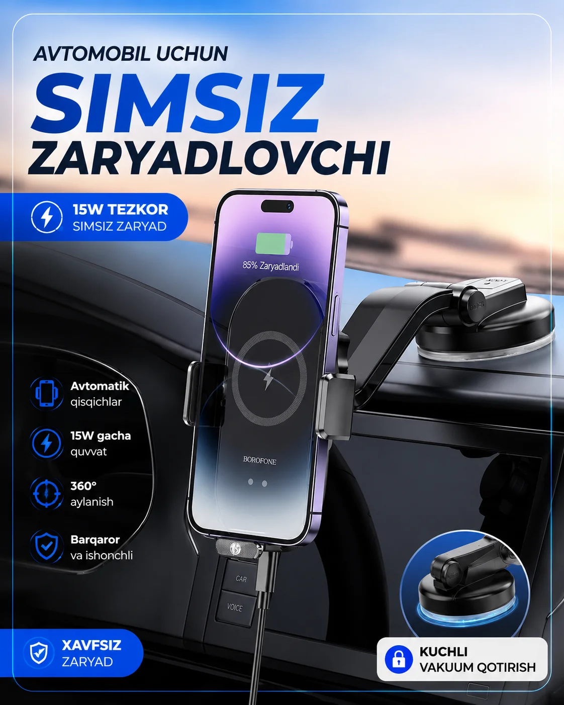 Avtomobil telefon ushlagichi, avtomatik qisqichli simsiz zaryadlovchi — BOROFONE BH206 — Telefon Holder