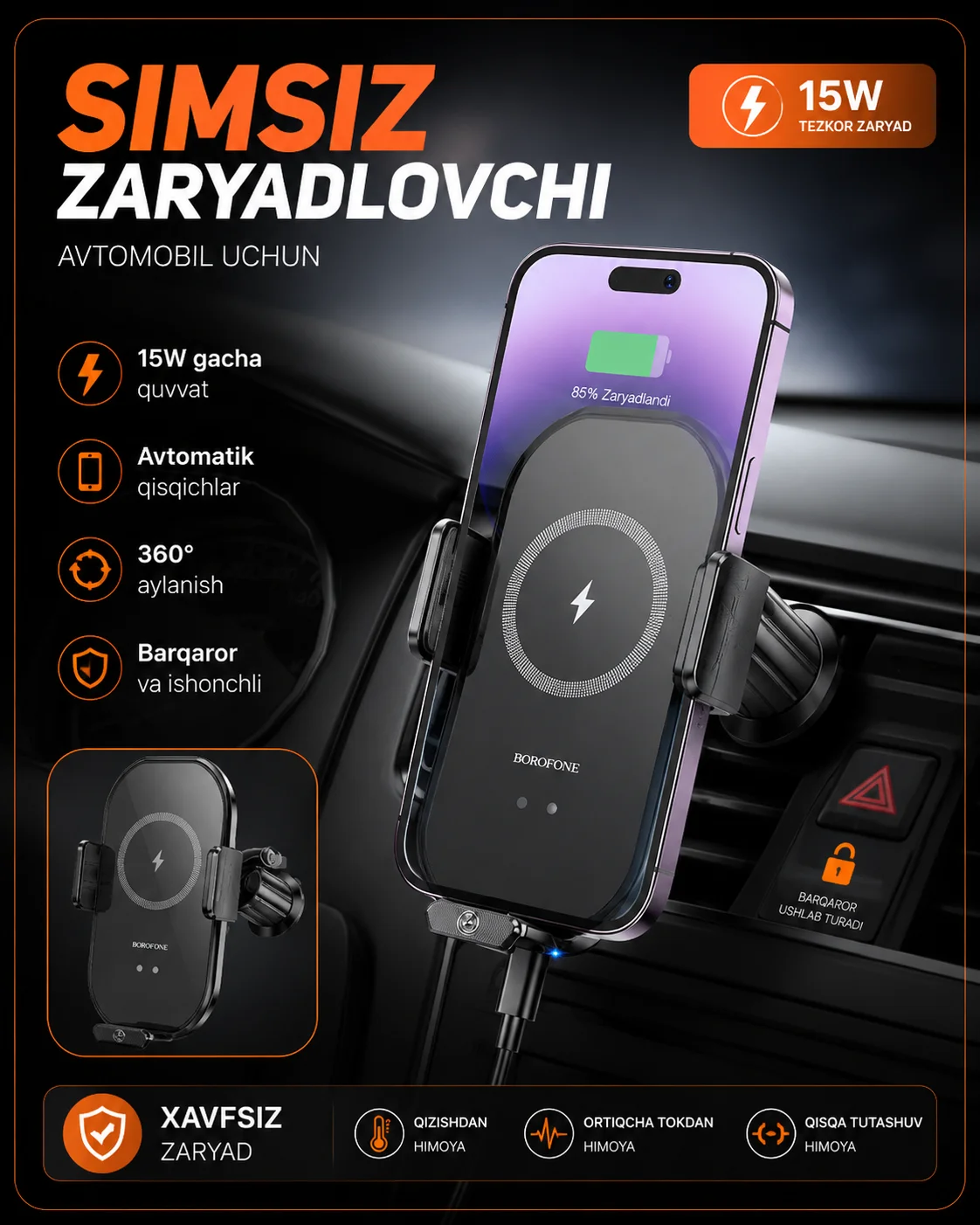 Avtomobil telefon ushlagichi, avtomatik qisqichli simsiz zaryadlovchi — BOROFONE BH206 — Telefon Holder