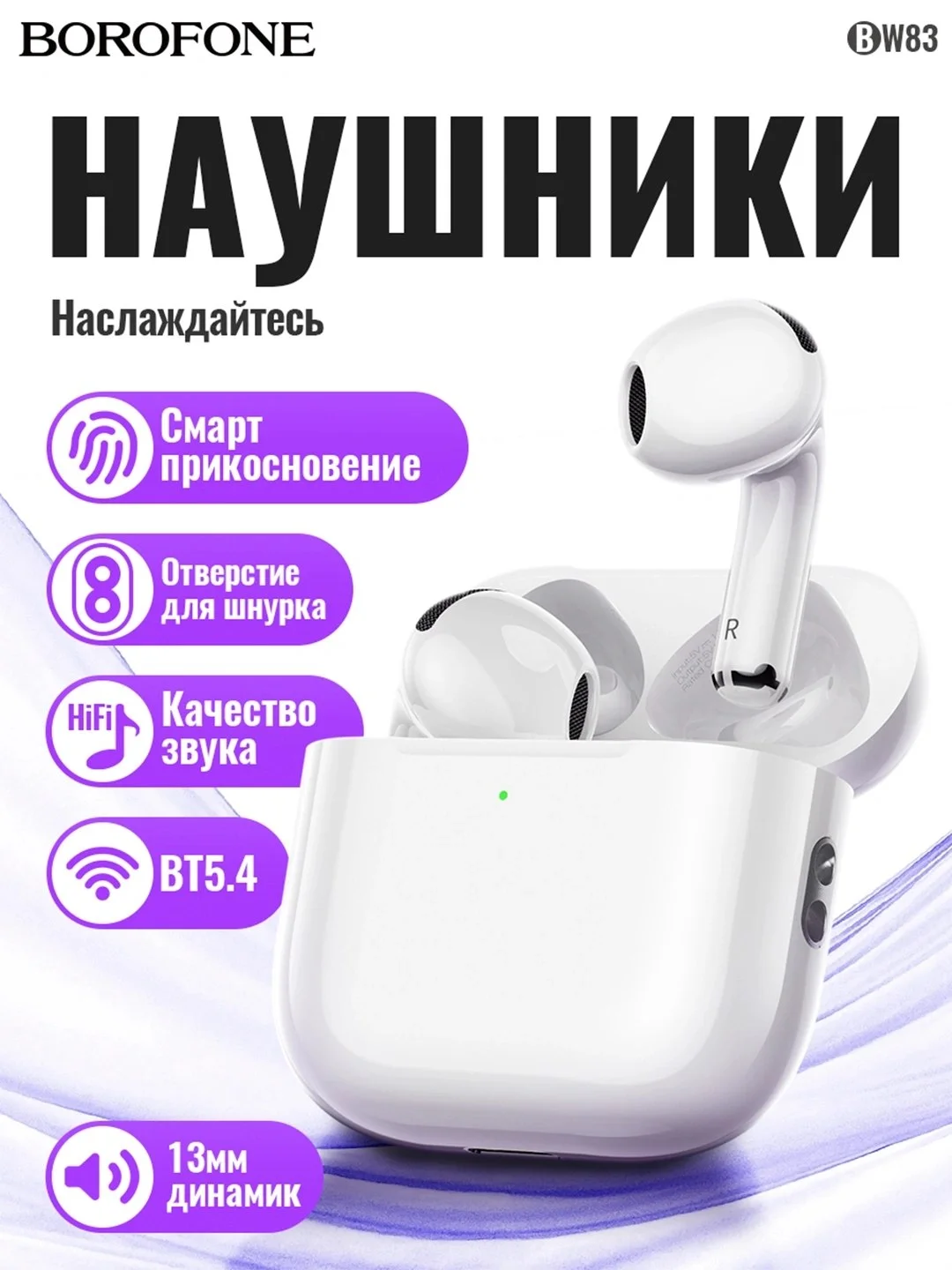 Simsiz TWS quloqchin — BOROFONE BW83 Bluetooth 5.4, 13 mm dinamik — AirBuds