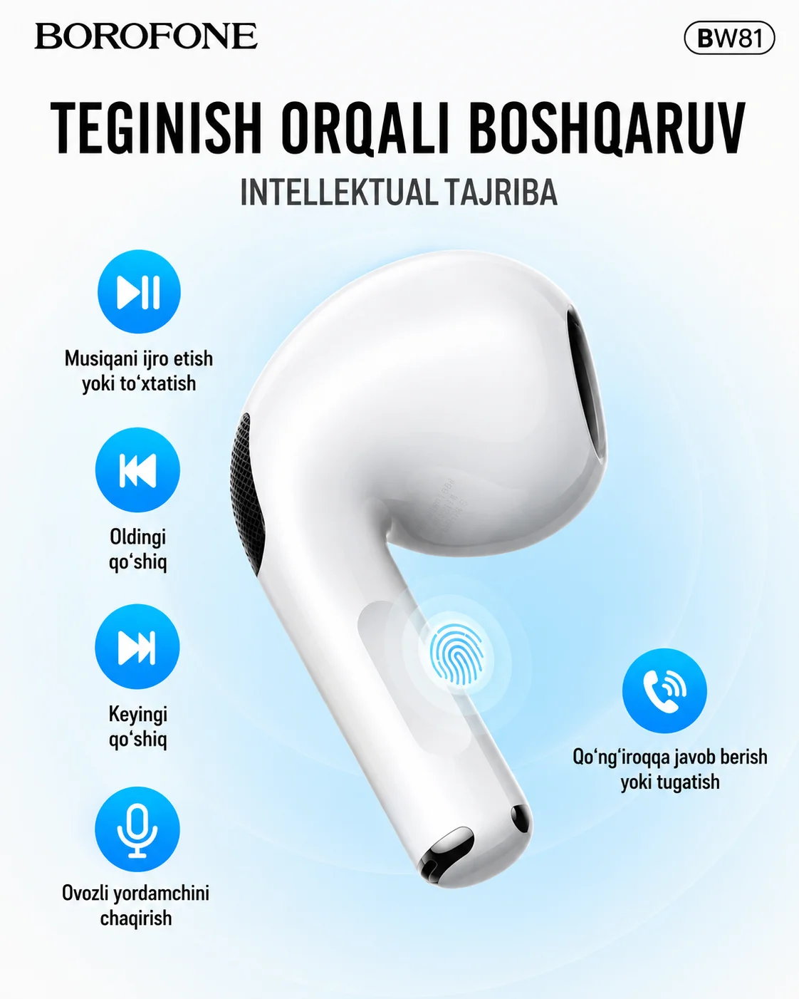 Sensorli boshqaruvli simsiz TWS quloqchin — BOROFONE BW81 Bluetooth 5.4 — AirBuds