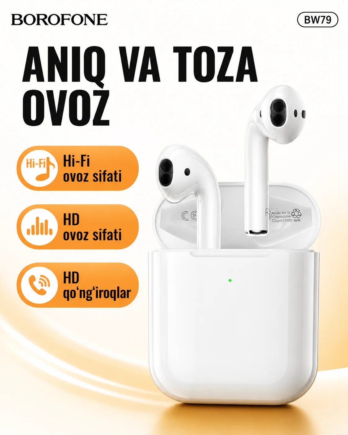 Hi-Fi ovozli simsiz TWS quloqchin — BOROFONE BW79 Bluetooth 5.4 — AirBuds