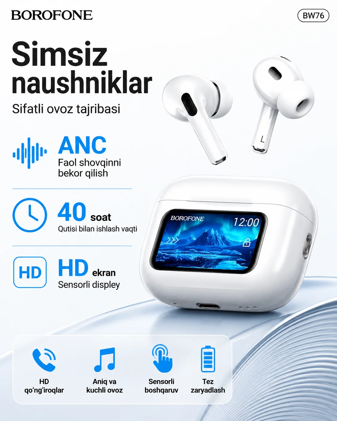 Sensorli ekranli ANC simsiz quloqchin — BOROFONE BW76 Bluetooth 5.4 — AirBuds