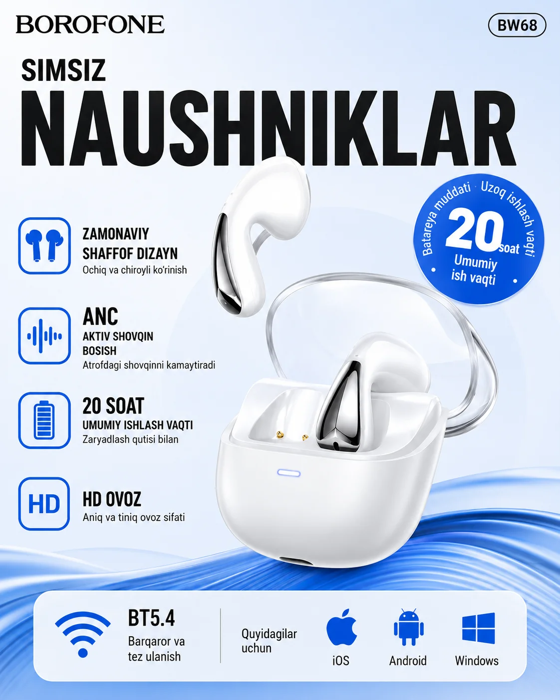 Shaffof dizaynli simsiz TWS quloqchin — BOROFONE BW68 Bluetooth 5.4 — AirBuds