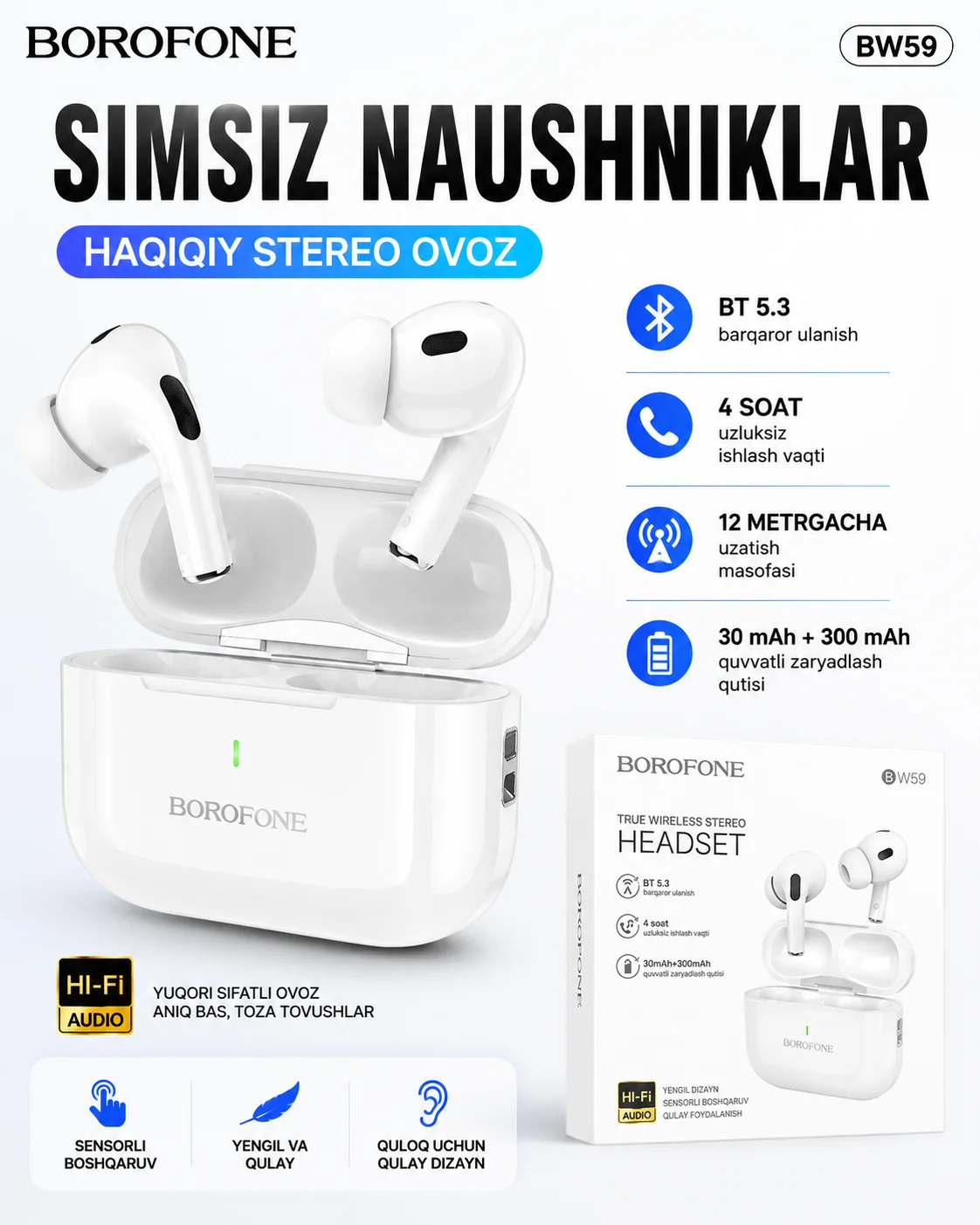 Vakuumli simsiz TWS quloqchin — BOROFONE BW59 Bluetooth 5.3 — AirBuds