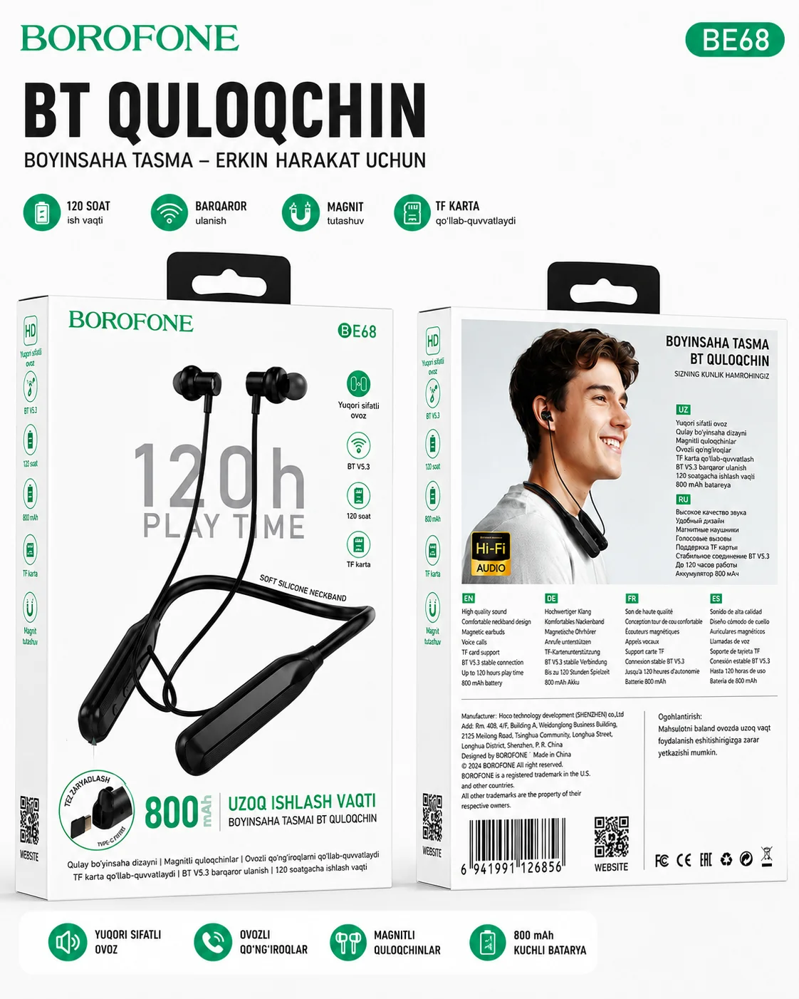 120 soat ishlaydigan bo‘yinbog‘li simsiz quloqchin — BOROFONE BE68 Bluetooth 5.3 — AirBuds
