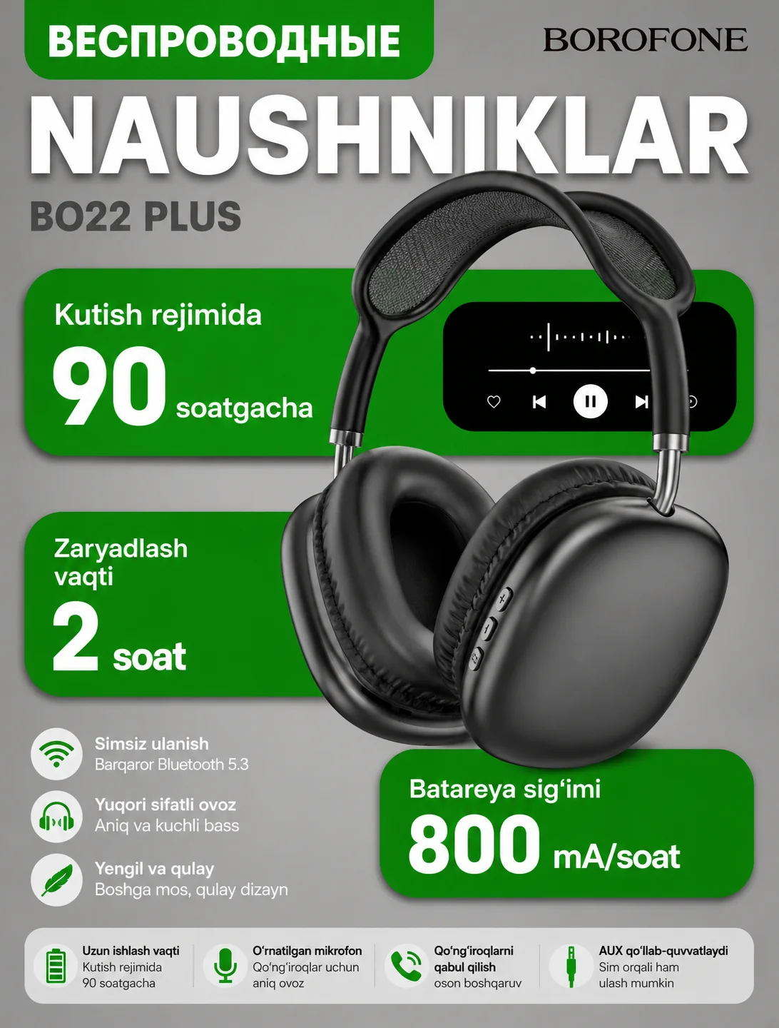 90 soat ishlaydigan katta simsiz quloqchin — BOROFONE BO22 Plus Bluetooth 5.4