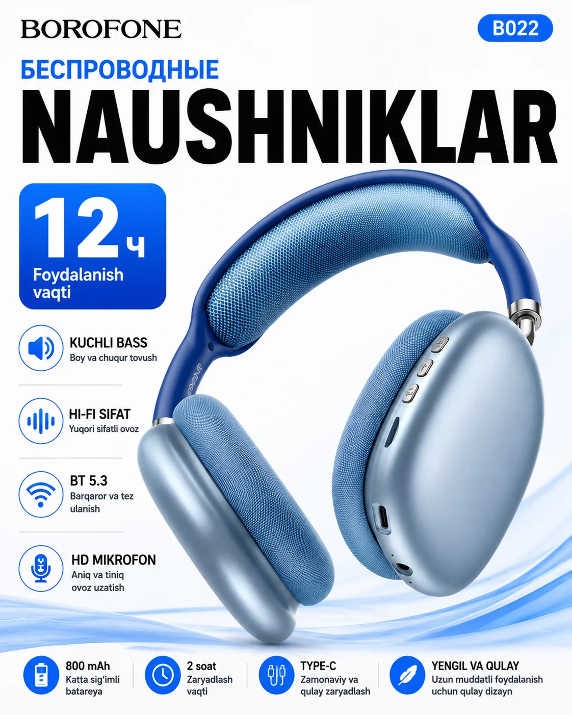 Simsiz Bluetooth quloqchin — kuchli bass va 12 soat ishlash, BOROFONE BO22