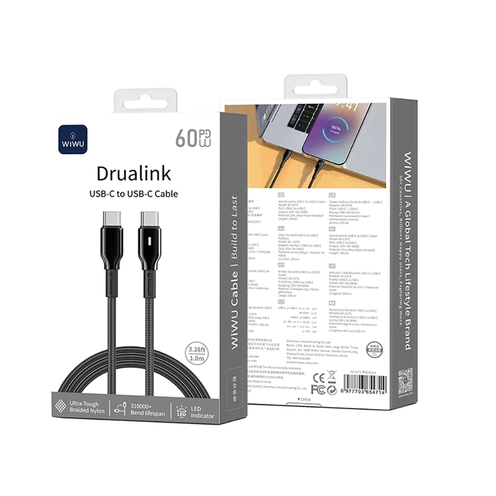 WIWU DURALINK 60W Wi-C075 – Type-C to Type-C Tezkor Quvvatlash Kabeli — 3/3