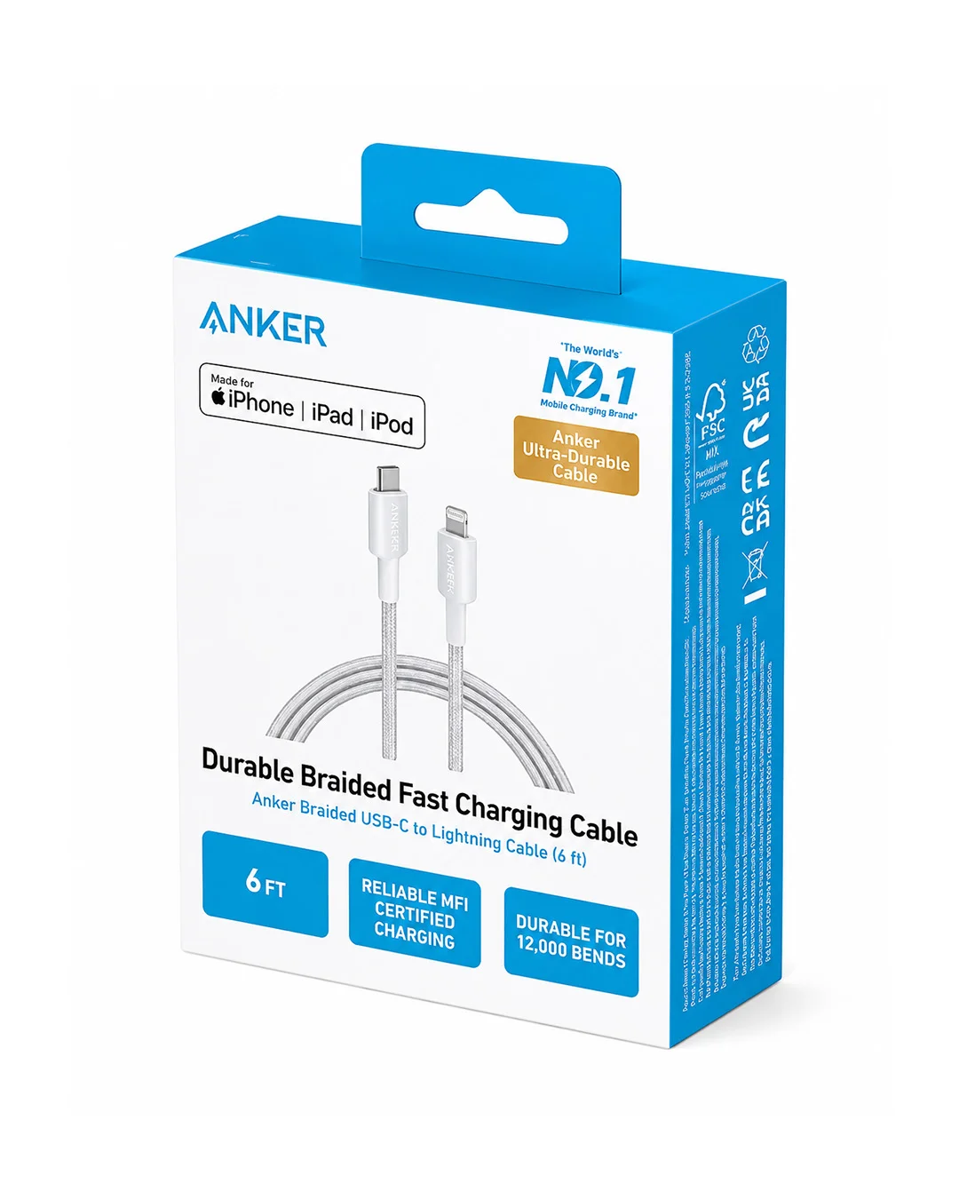 Quvvatlash kabeli - Anker USB-C to Lightning Braided Fast Charging Cable (3 ft / 0.9 m, MFi Certified) – White — Anker — Kabel