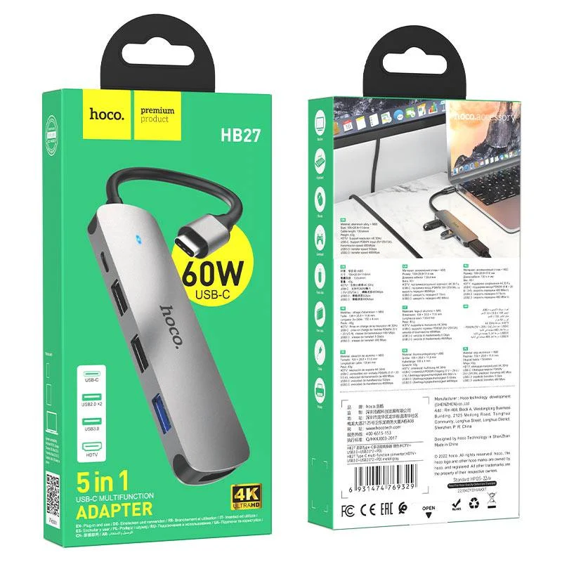 USB xab HOCO HB27 5-in-1 Type-C — HDMI 4K, USB 3.0, 2×USB 2.0, PD 60W — 2/2