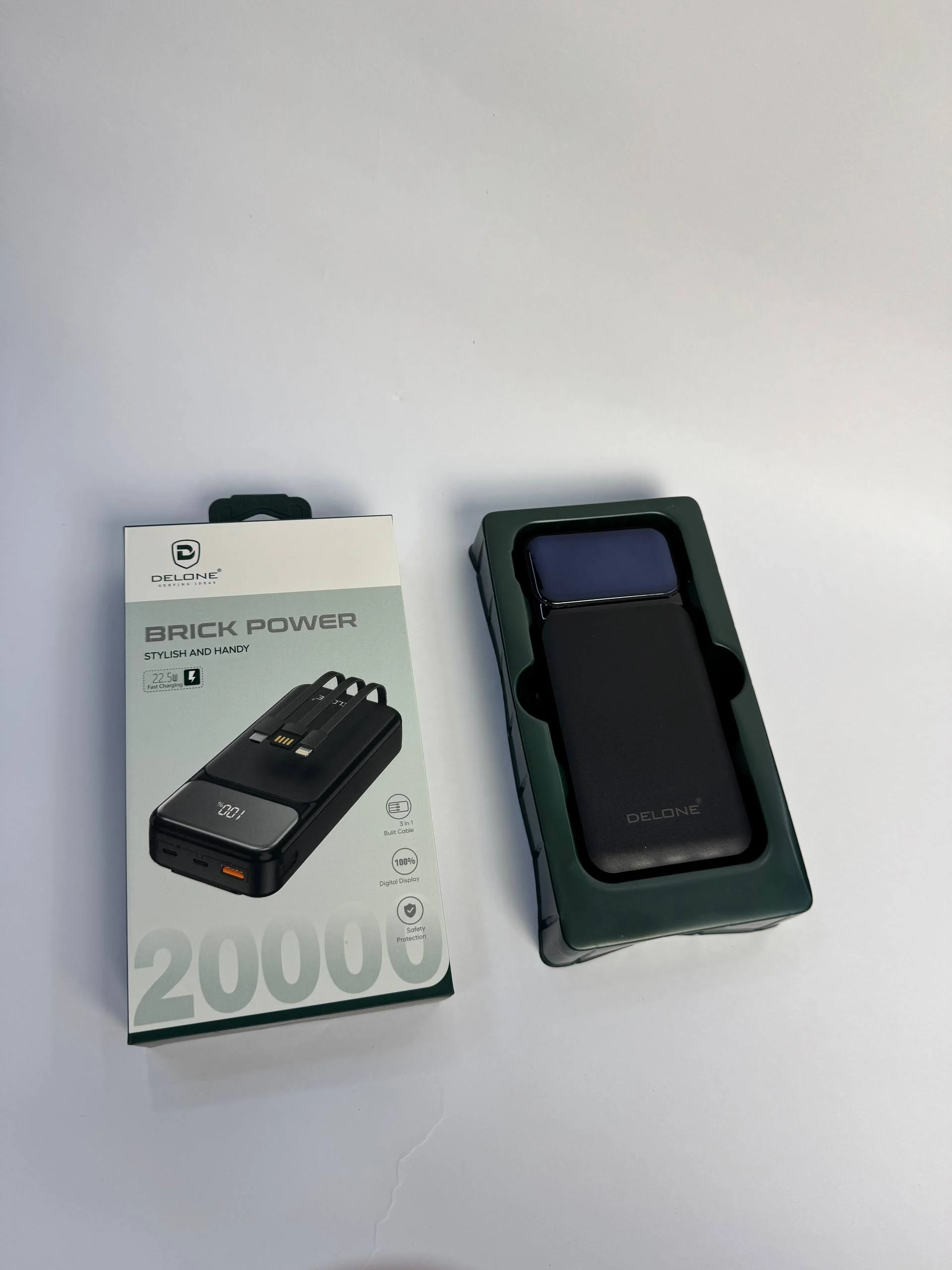 DELONE BRICK POWER 20000mAh – 22.5W Fast Charging Power Bank (Built-in Cable) — Powerbank