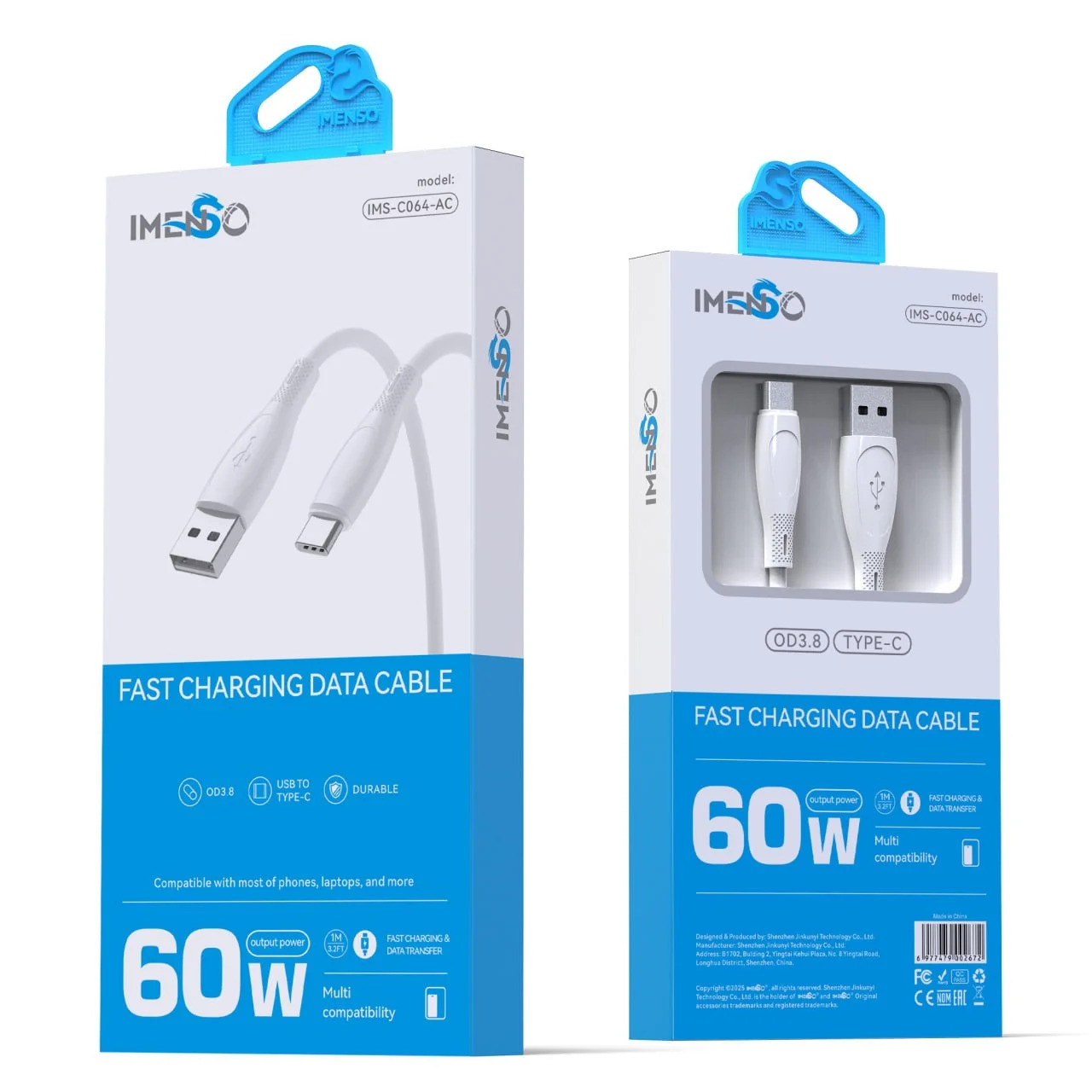 USB to Type-C, 60W tezkor zaryadlash va Ma'lumot o'tkazuvchi kabel — Imenso — Kabel