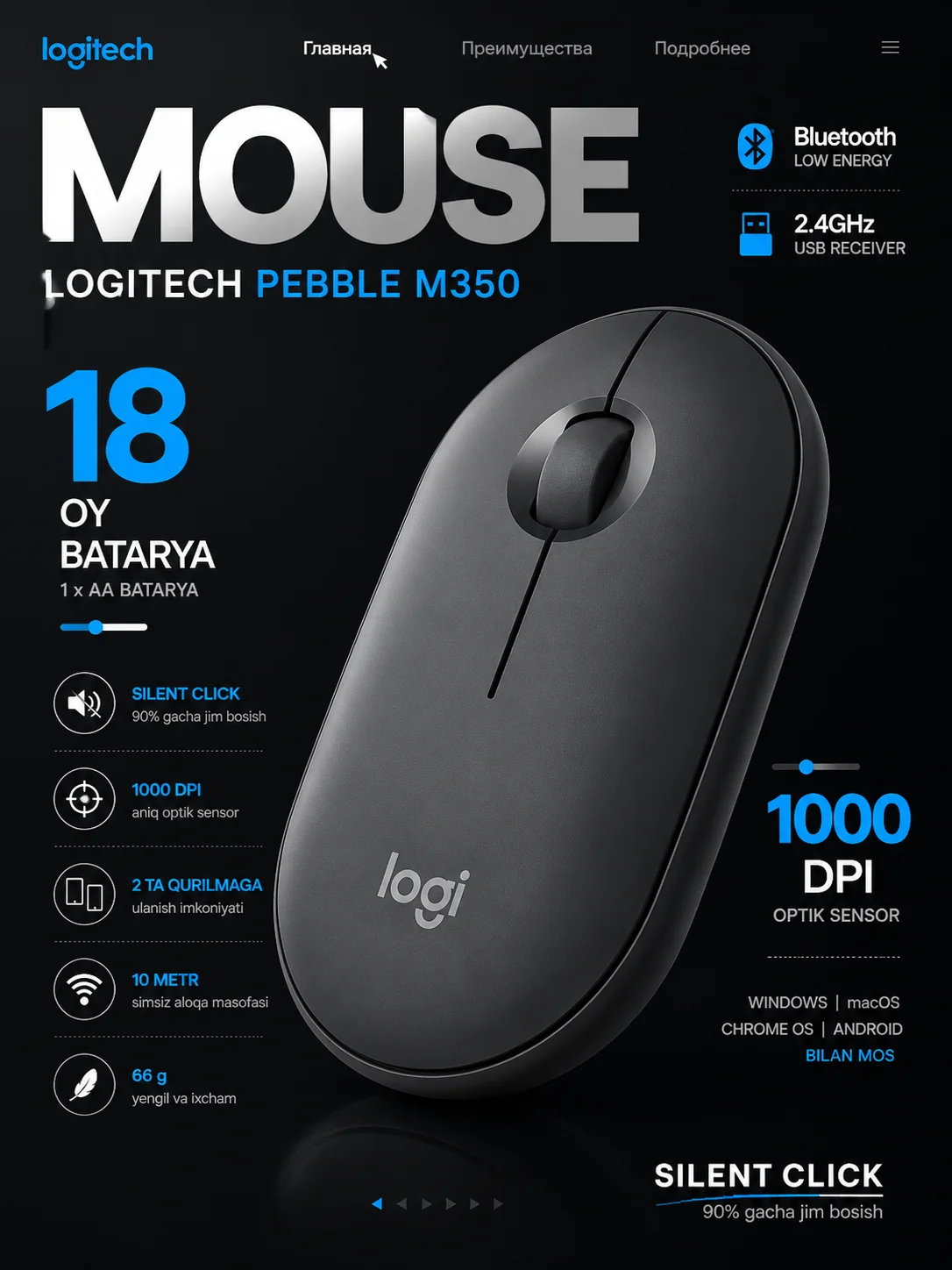 Original ixcham simsiz sichqoncha — Logitech Pebble M350 — Logitech