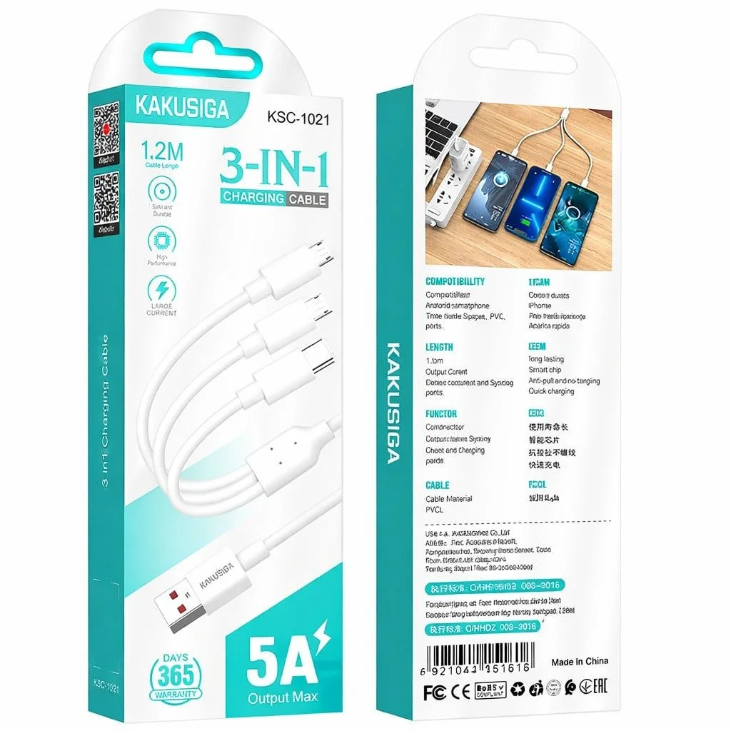 KAKUSIGA 3-in-1 USB Cable – USB-A to Lightning + Type-C + Micro USB — Kakusiga — Kabel