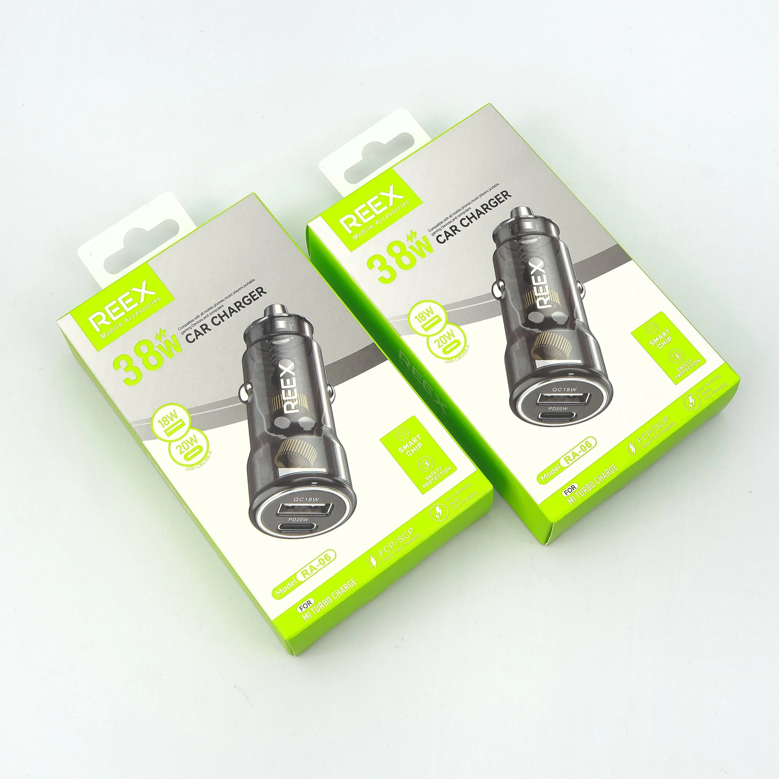 Avtomobil zaryadlagichi REEX RA-06 38W (Type-C + USB-A, shaffof) — Reex