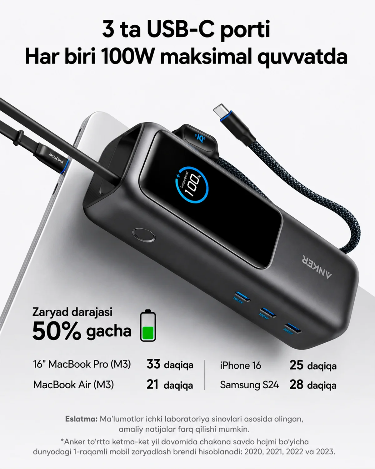 Anker Power Bank 25000mAh 165W – Ichki USB-C Kabel, 100W Tezkor Quvvatlash, Laptop va Telefon uchun (A1695) — 2/7