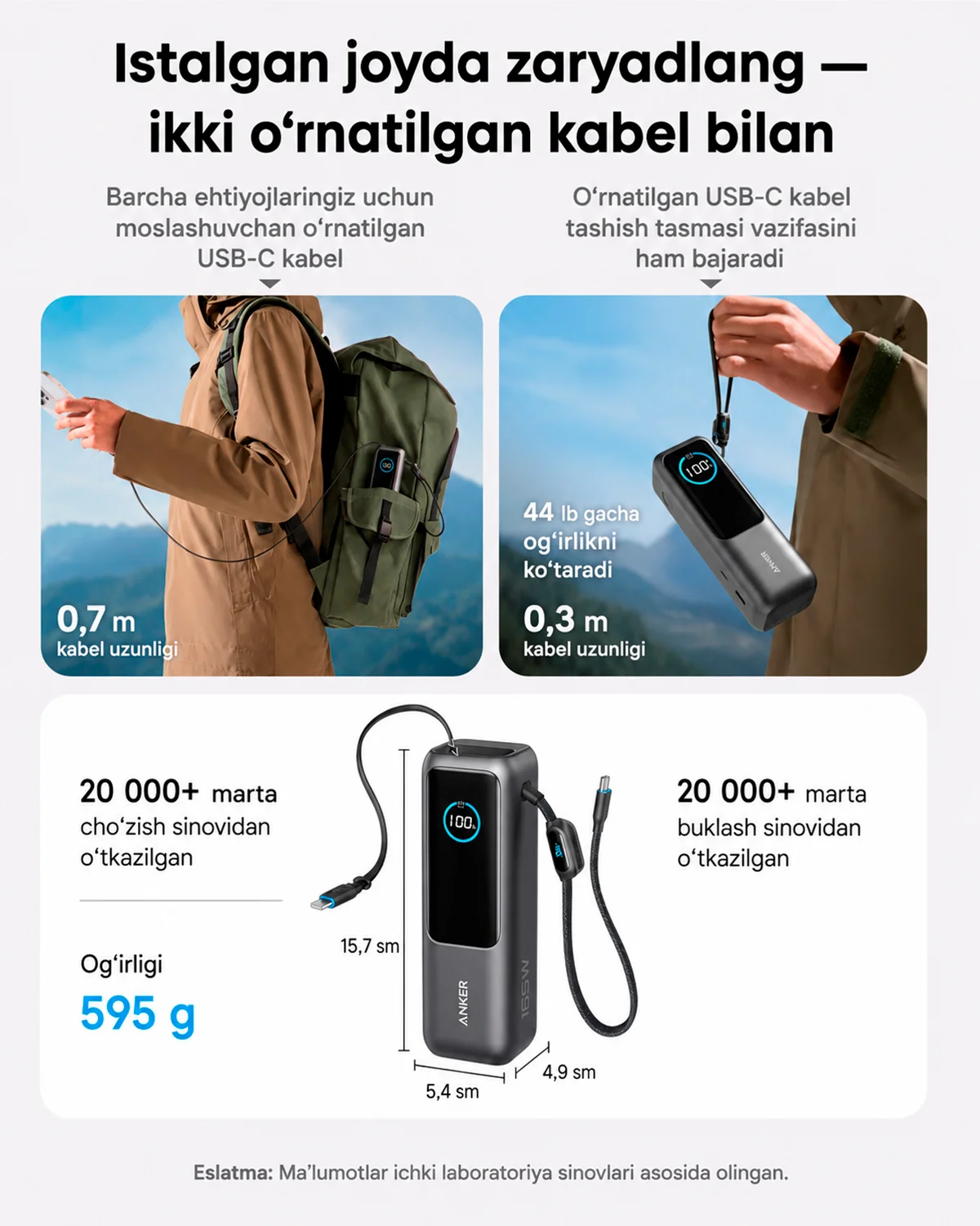 Anker Power Bank 25000mAh 165W – Ichki USB-C Kabel, 100W Tezkor Quvvatlash, Laptop va Telefon uchun (A1695) — 3/7