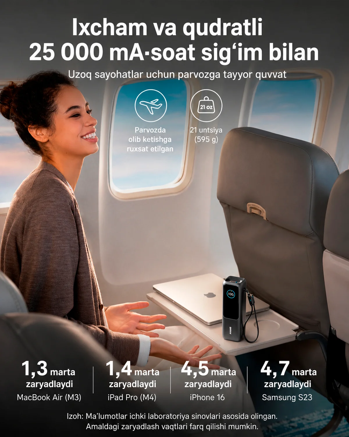 Anker Power Bank 25000mAh 165W – Ichki USB-C Kabel, 100W Tezkor Quvvatlash, Laptop va Telefon uchun (A1695) — 4/7