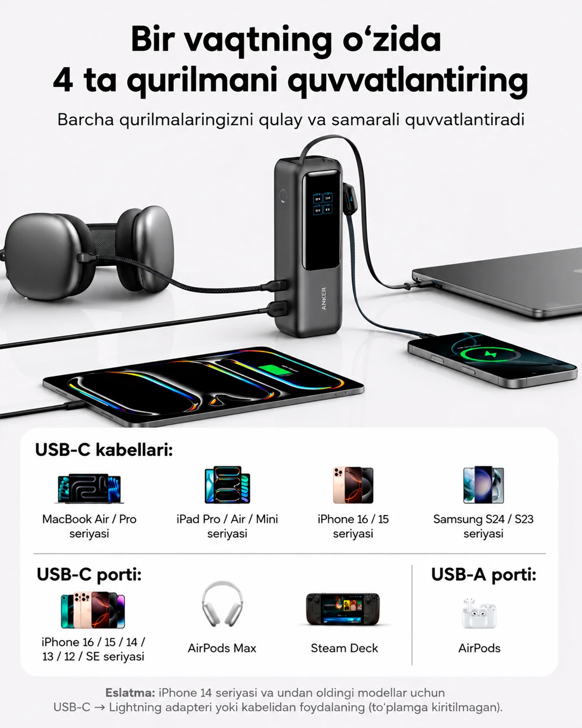 Anker Power Bank 25000mAh 165W – Ichki USB-C Kabel, 100W Tezkor Quvvatlash, Laptop va Telefon uchun (A1695) — 5/7