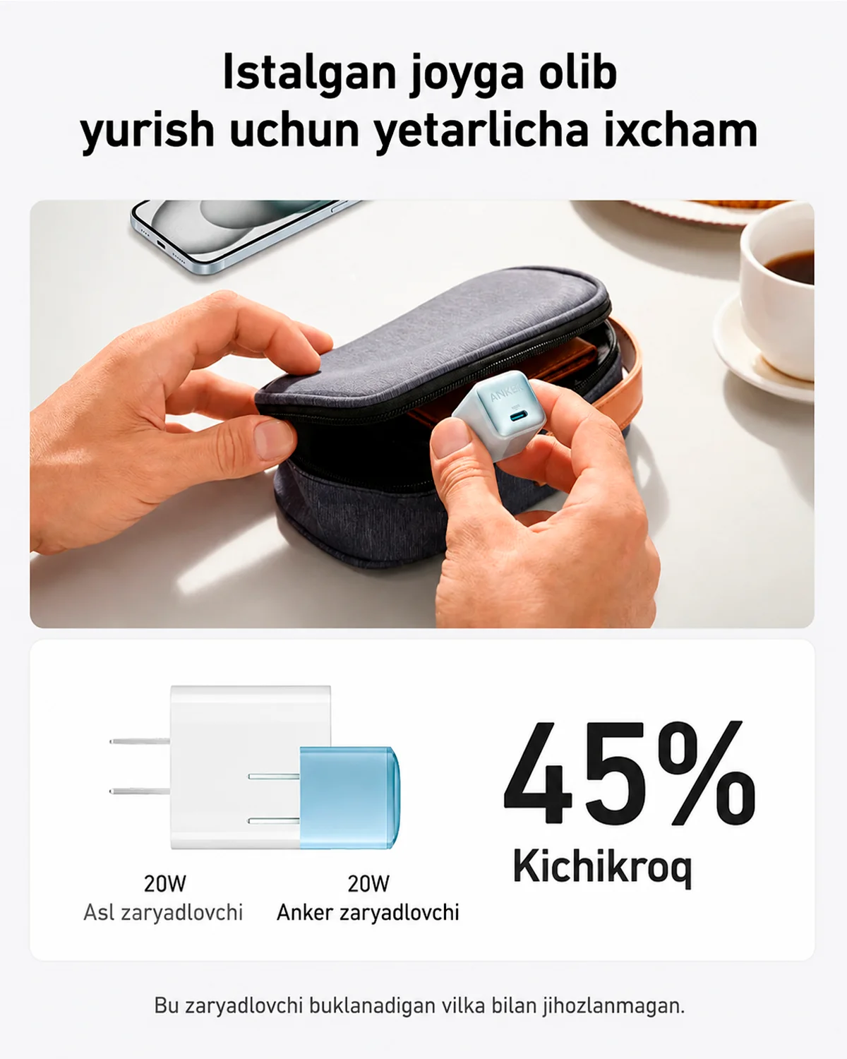 Zaryadlovchi Anker Zolo 20W PD 3.0 USB-C tez quvvatlovchi adapter — 4/6