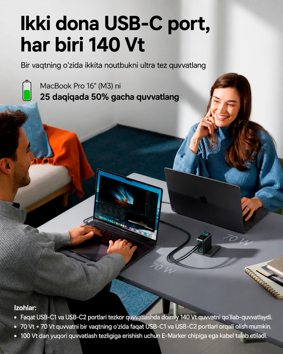 Yuqori quvvatli universal zaryadlovchi qurilma Anker 140W Wall Charger — 4/6