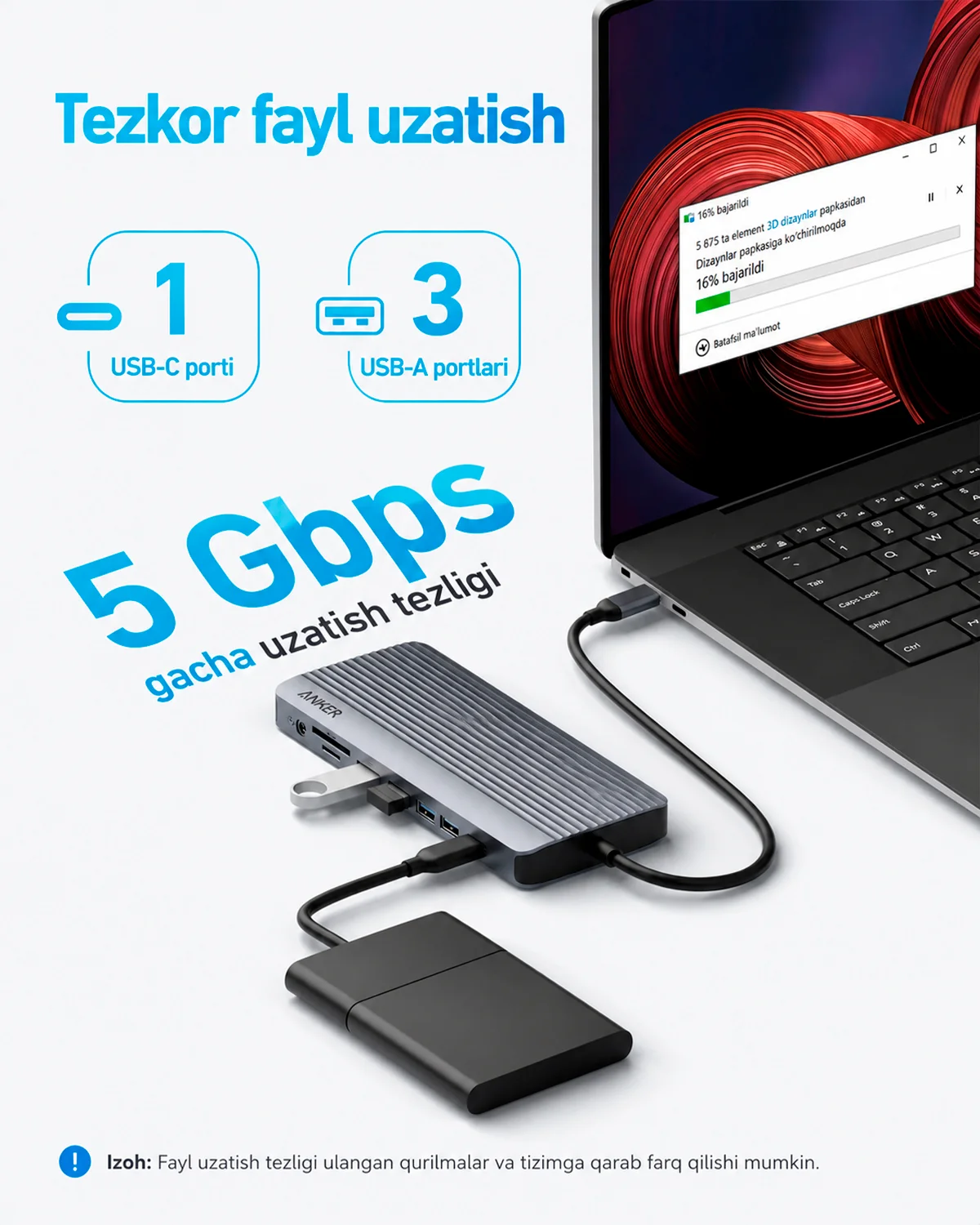 USB-C ko‘p funksiyali xab (Adapter) Anker USB-C Hub / Docking Station — 5/6