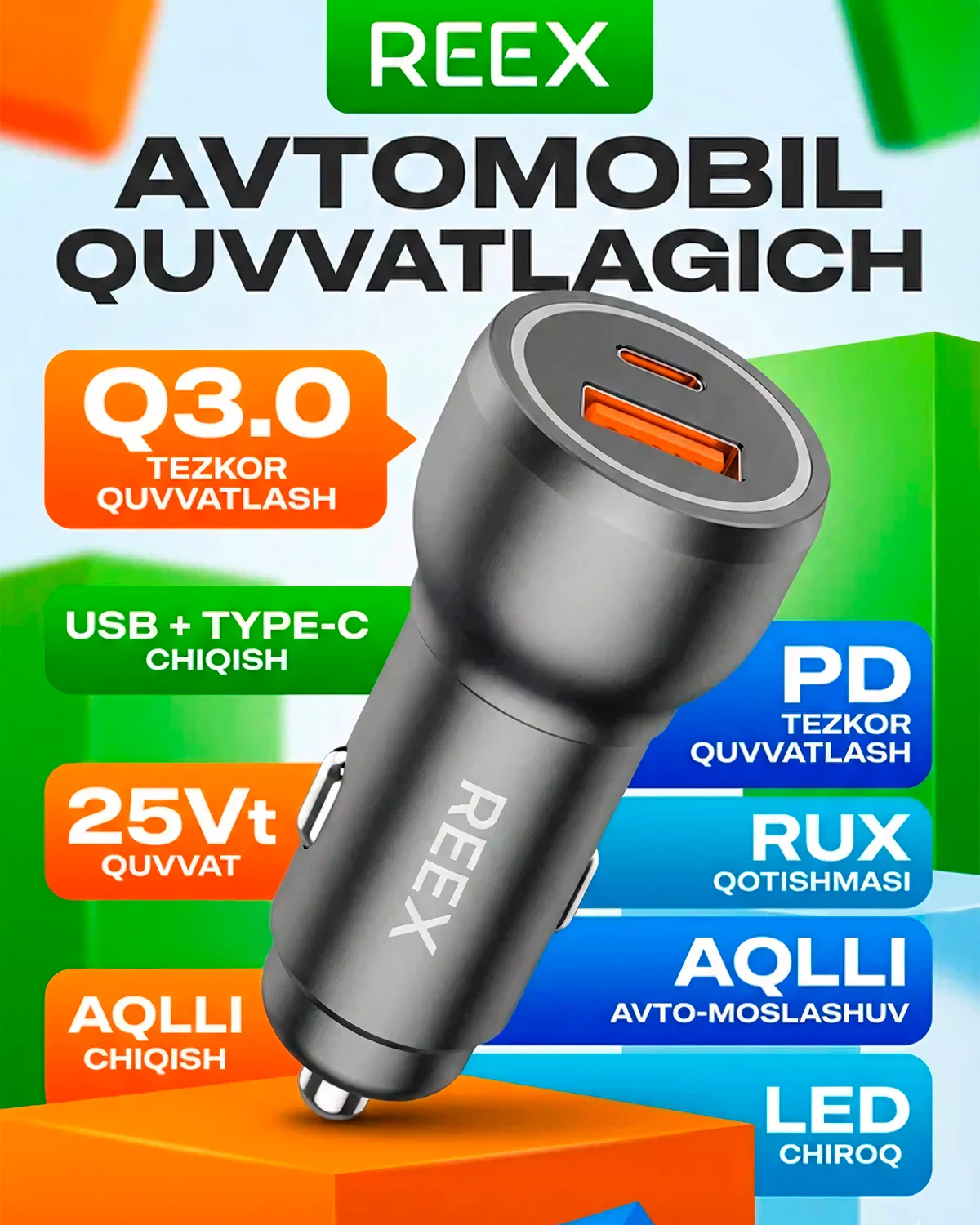 Avtomobil zaryadlagichi REEX RA-12 QC3.0 25W — 3/4