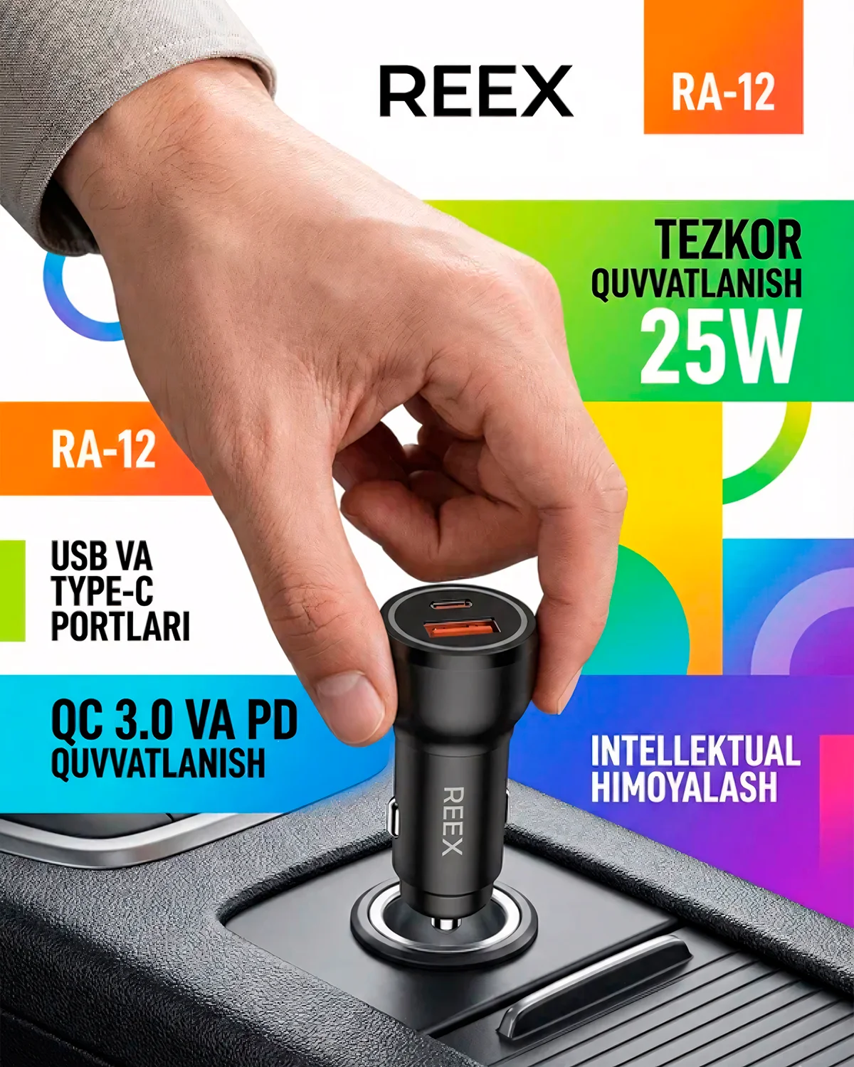 Avtomobil zaryadlagichi REEX RA-12 QC3.0 25W — 4/4