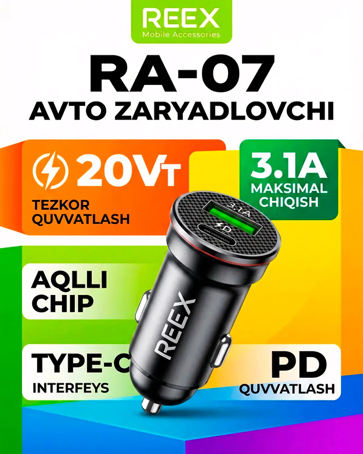 Avtomobil zaryadlagichi REEX RA-07 PD20W Type-C — 2/3