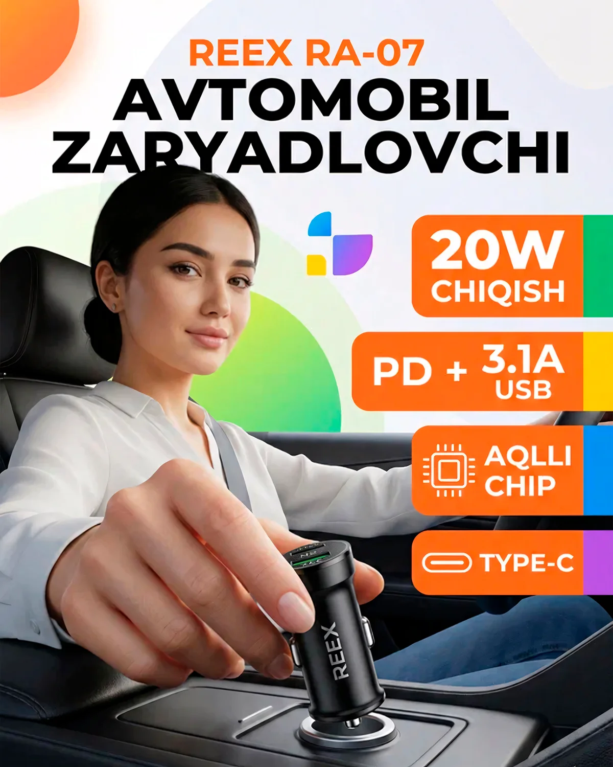 Avtomobil zaryadlagichi REEX RA-07 PD20W Type-C — 3/3