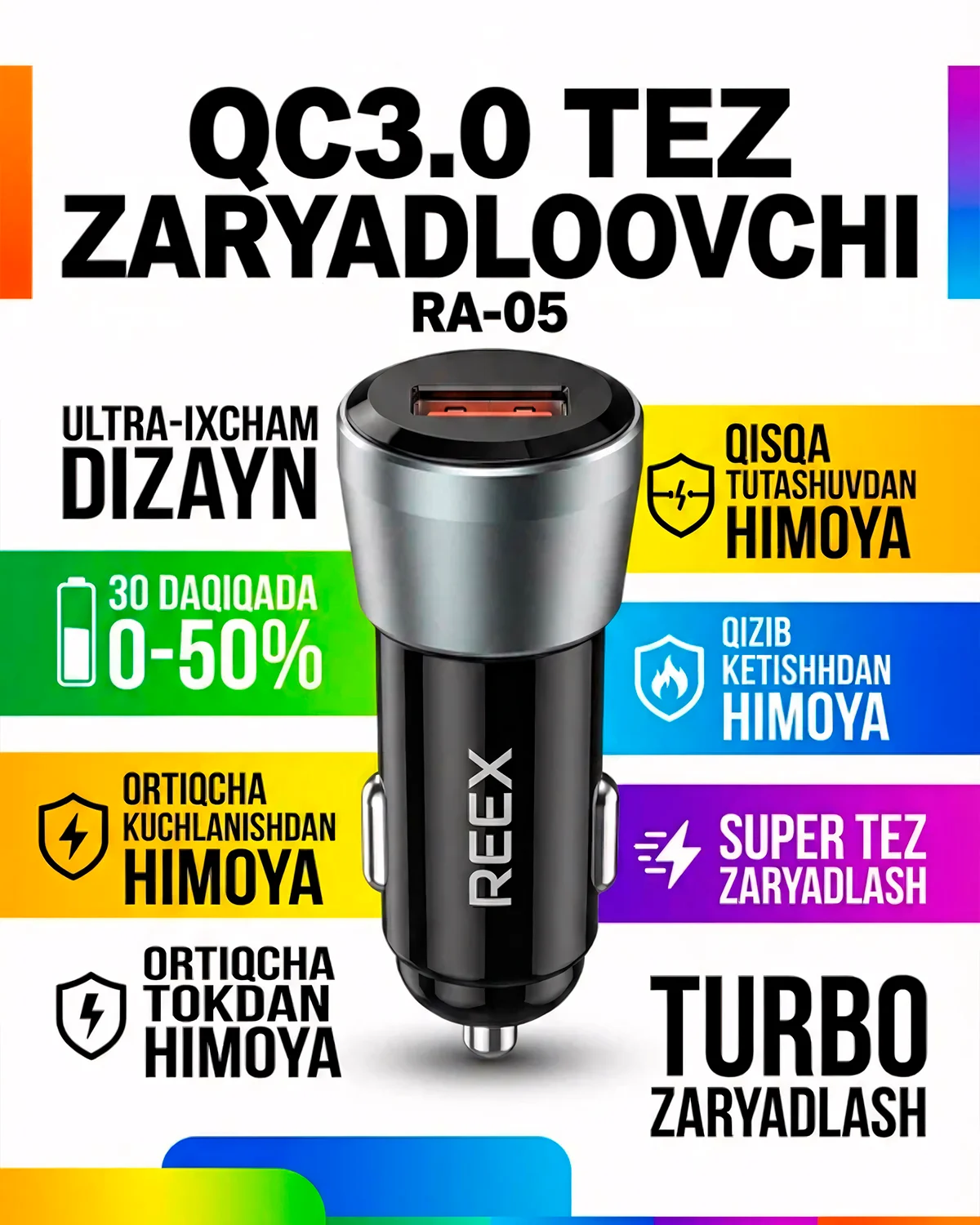 Avtomobil zaryadlagichi REEX RA-05 QC3.0 (shaffof korpus) — 2/3