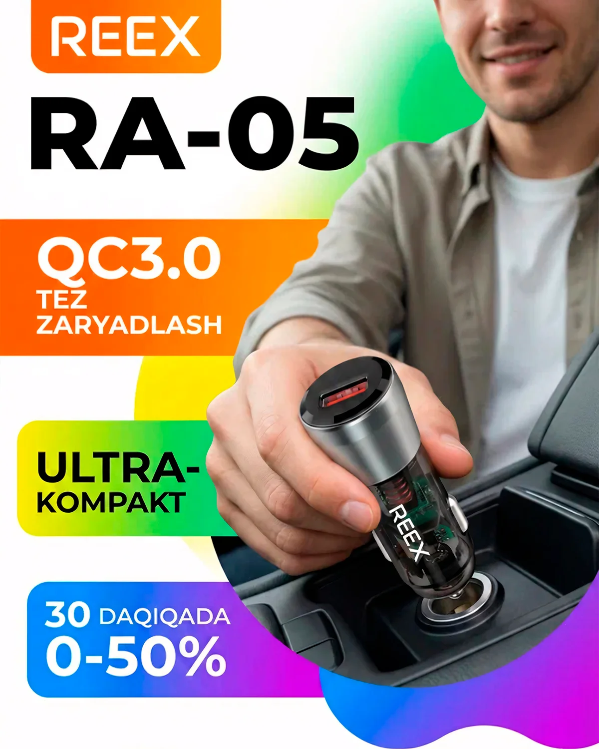 Avtomobil zaryadlagichi REEX RA-05 QC3.0 (shaffof korpus) — 3/3