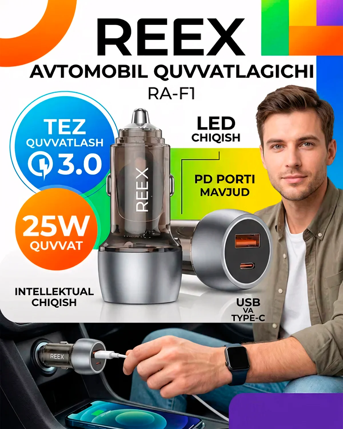 Nomi: Avtomobil zaryadlagichi REEX RA-11 QC3.0 25W (metall korpus) — 2/3