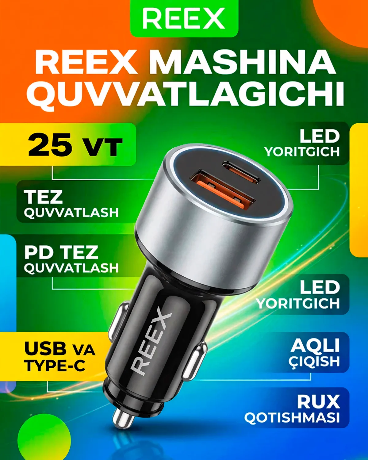 Nomi: Avtomobil zaryadlagichi REEX RA-11 QC3.0 25W (metall korpus) — 3/3
