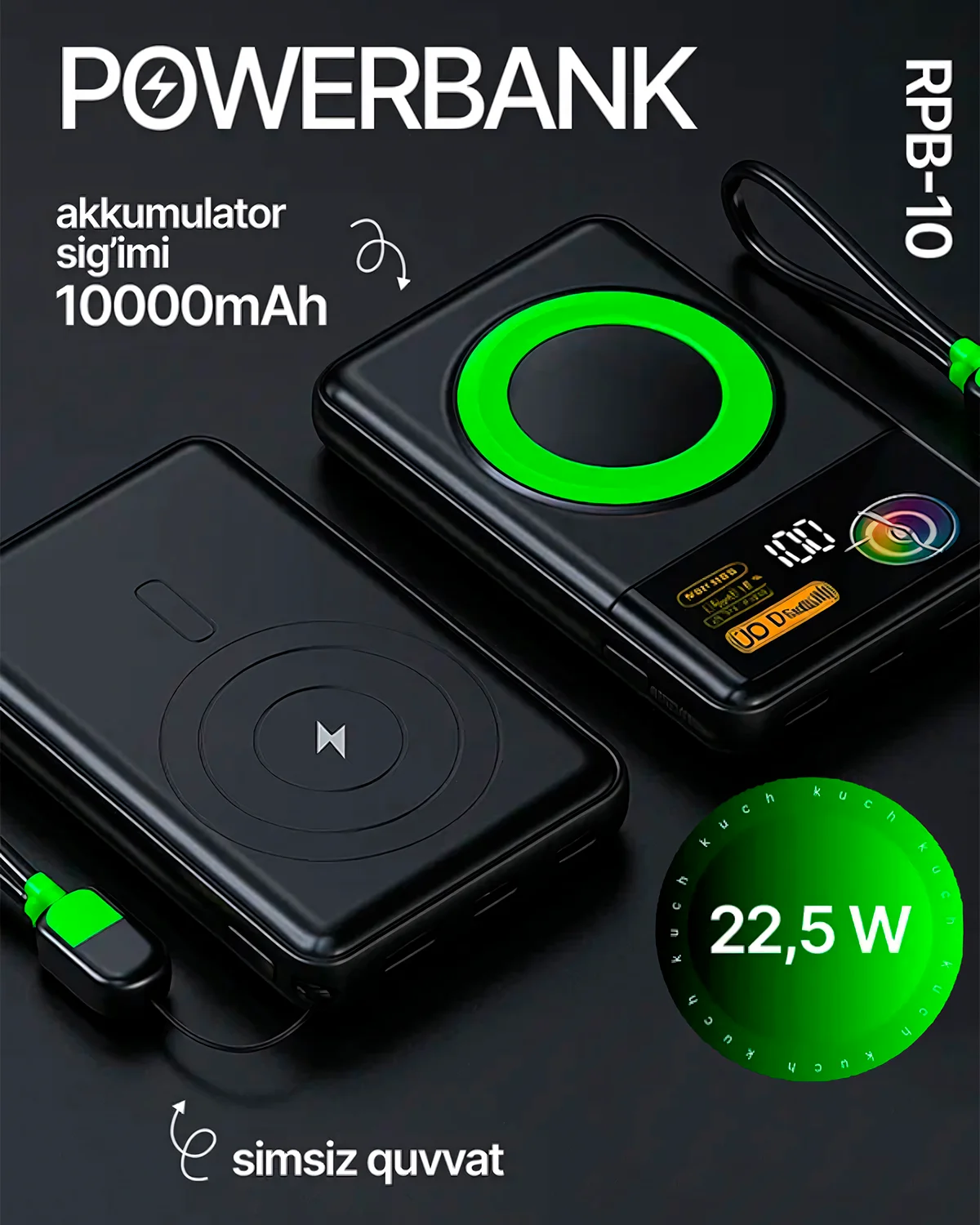Power Bank with Built-in Cable (10000 mAh) REEX RPB-10 — Intelligent Wireless Charging — 2/3