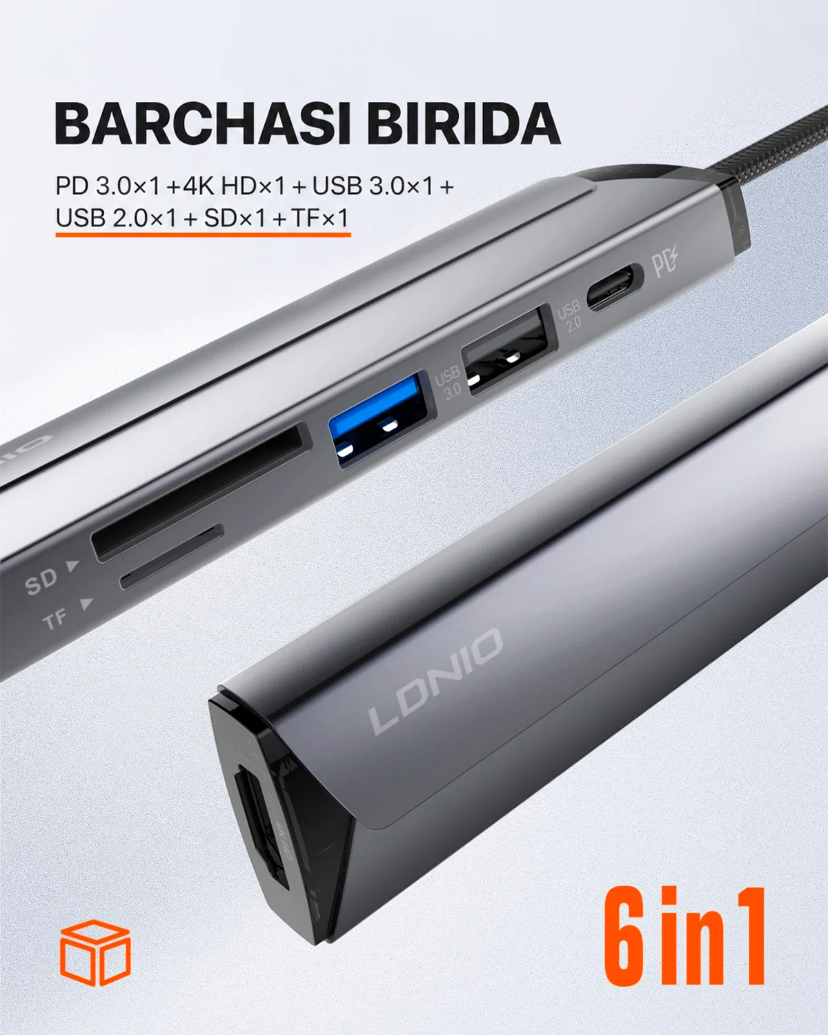 Ko‘p funksiyali ixcham USB-C Xab (Perexodnik) — LDNIO 6-in-1 Hub Adapter (Model: DS-56H) — 7/7